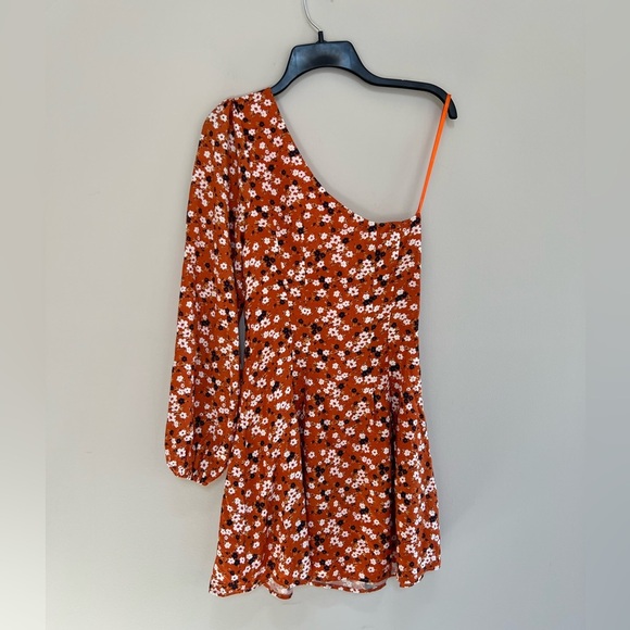 Free People Jules Orange Blue Floral One Shoulder Mini Dress, size 2 - Picture 3 of 10